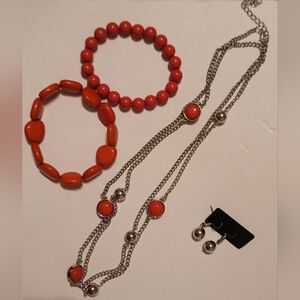 Bead Bracelet & Silver Chain Necklace Set with Earrings